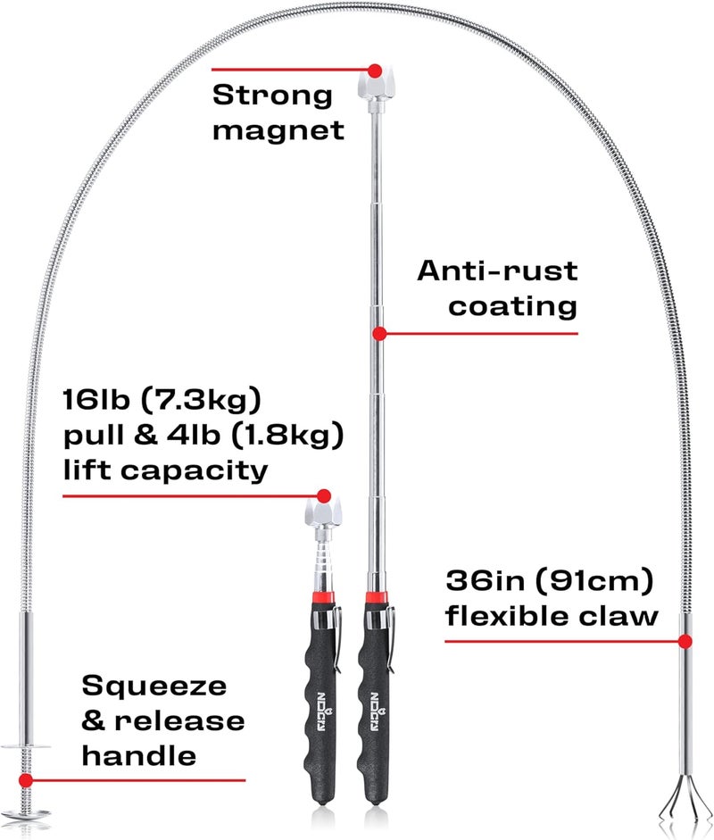 NoCry Premium Pick Up Tool Set — Includes a 36in Flexible Claw Grabber and a Telescoping Magnetic Pickup Stick with a 16lb Pull Force Magnet — Anti-Rust Zinc Coating - Image 2